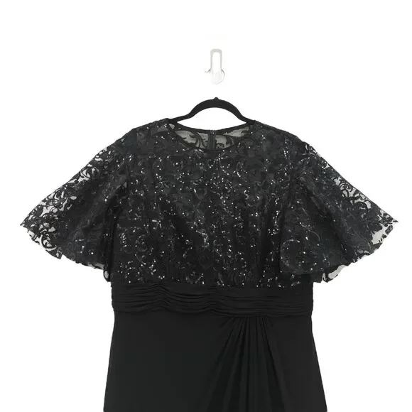 Mac Duggal Women 14 Embellished Butterfly Sleeve Gown Dress Black Sequins 68002